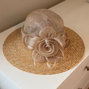Wide Brim Adjustable Straw Sun Hat with Floral Accent - Beige